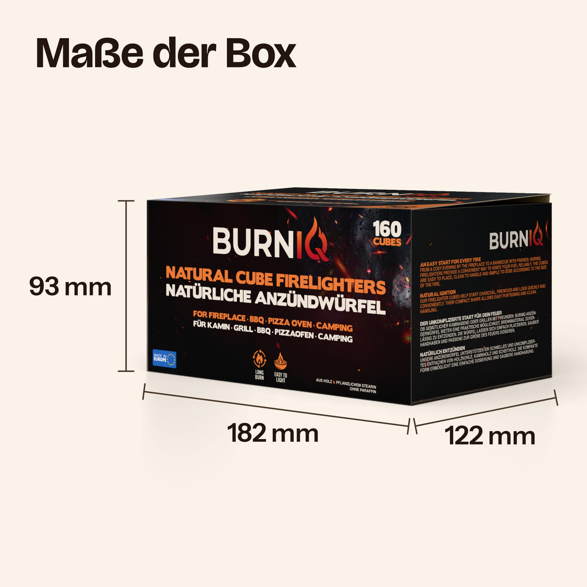 Geschlossene BURNIQ-Box schräg von vorn mit Maßangaben: 182 mm breit, 122 mm tief, 93 mm hoch.