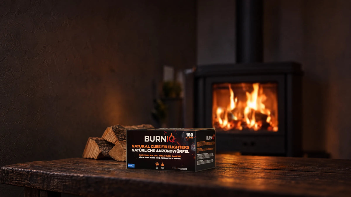 BURNIQ-Box mit Anzündwürfeln auf einer Holzbank vor einem Kaminofen mit Feuer