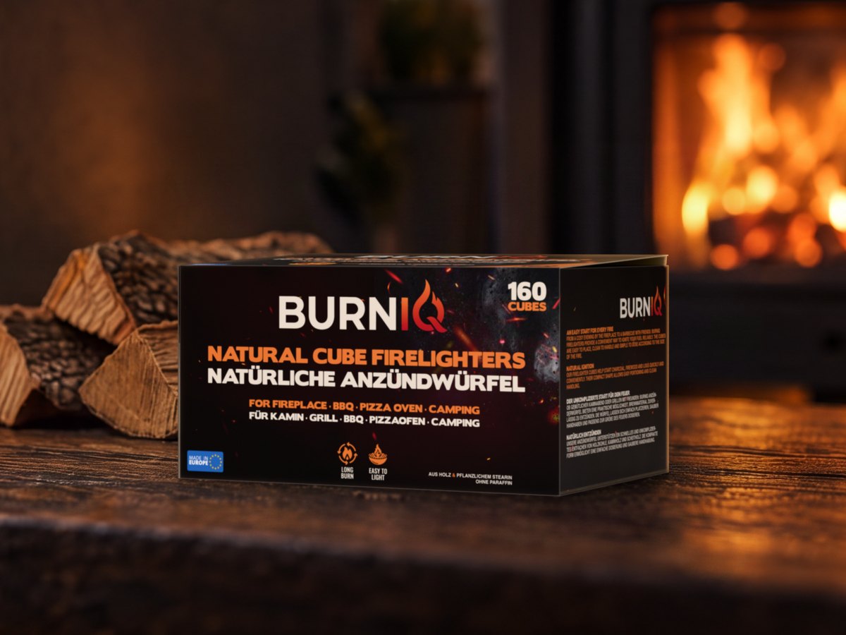 BURNIQ-Box mit Anzündwürfeln auf einer Holzbank vor einem Kaminofen mit Feuer
