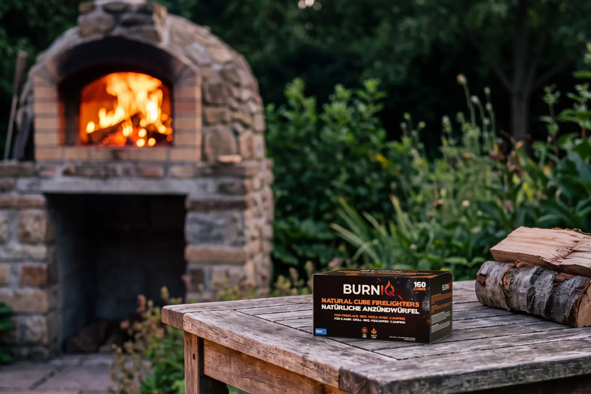 BURNIQ Anzündwürfel-Box auf einem Holztisch vor einem gemauerten Pizzaofen